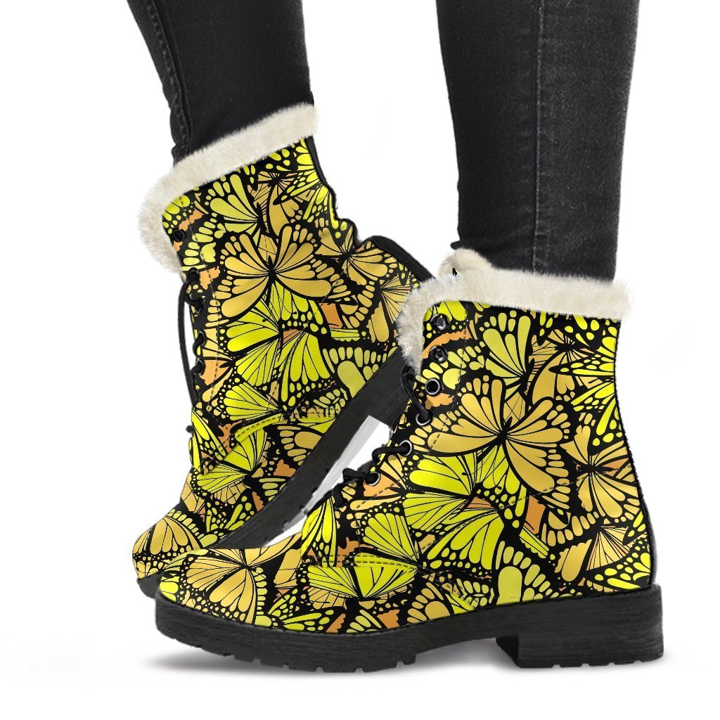 Yellow Monarch Butterfly Pattern Print Comfy Winter Boots-grizzshop