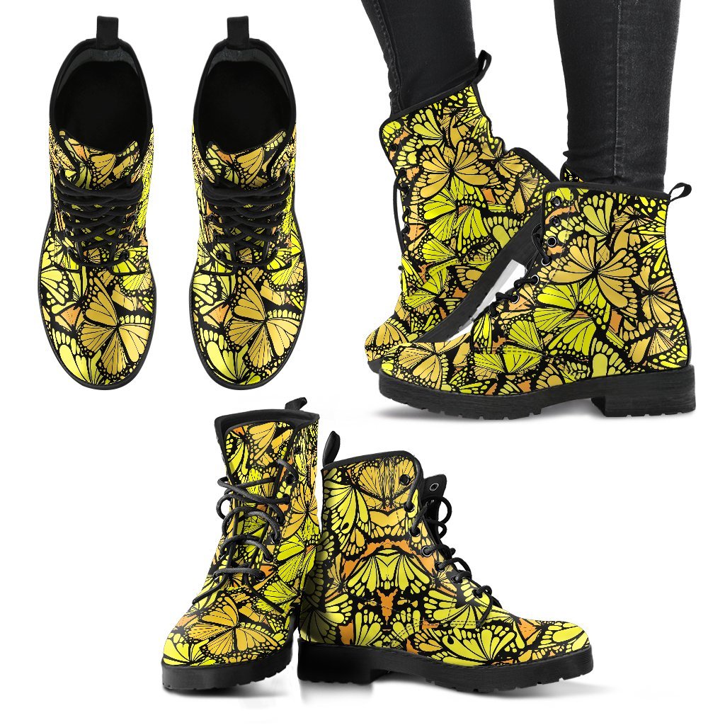 Yellow Monarch Butterfly Pattern Print Men Women Leather Boots-grizzshop