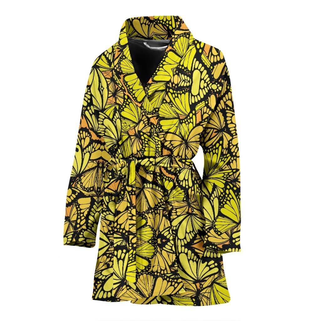 Yellow Monarch Butterfly Pattern Print Women Long Robe-grizzshop