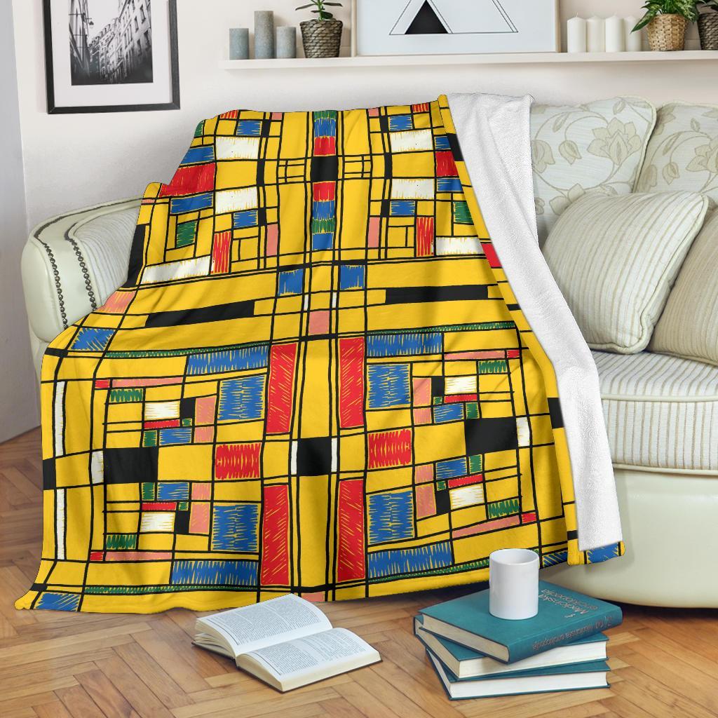 Yellow Mondrian Pattern Print Blanket-grizzshop