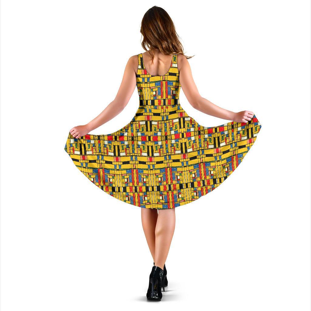Yellow Mondrian Pattern Print Dress-grizzshop