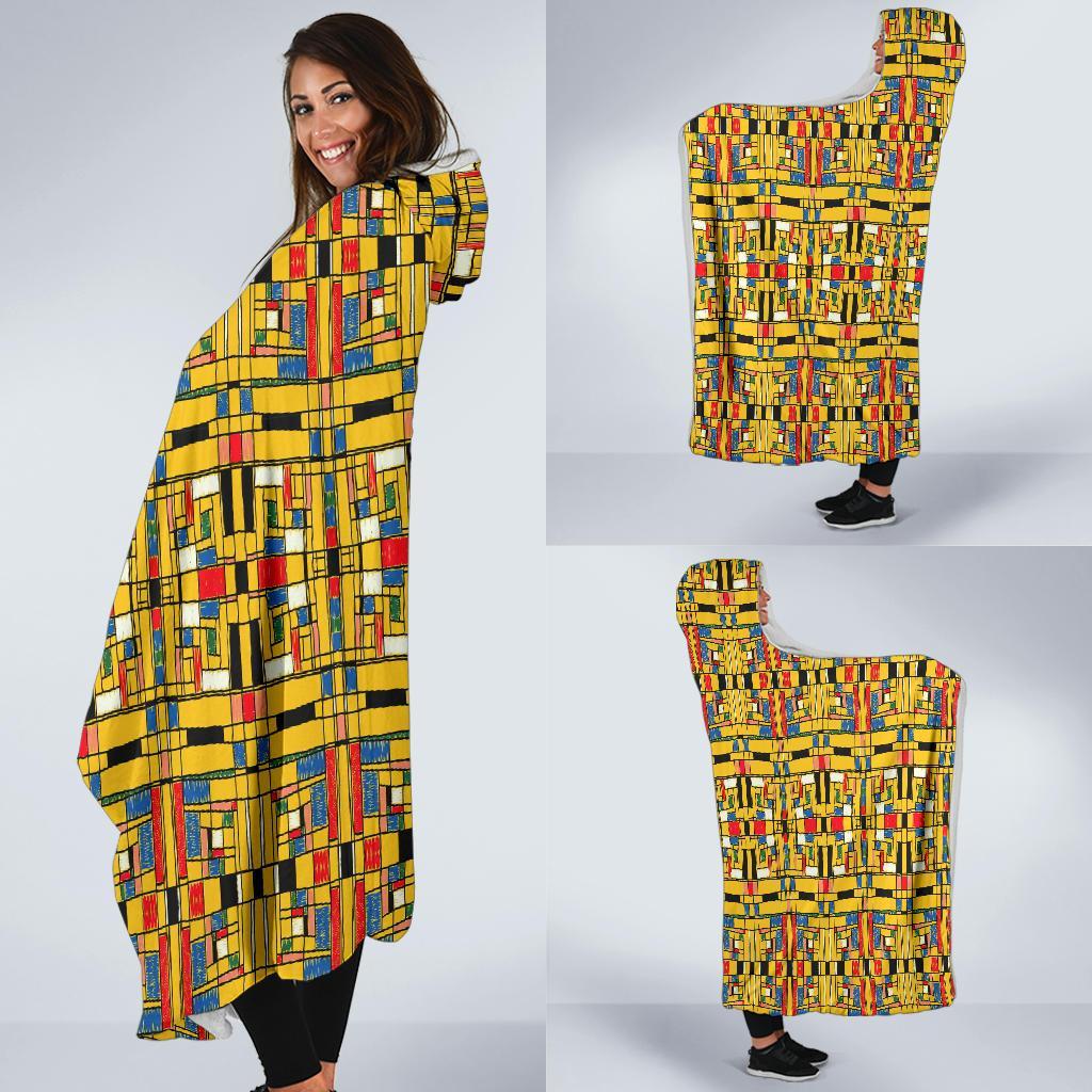 Yellow Mondrian Pattern Print Hooded Blanket-grizzshop