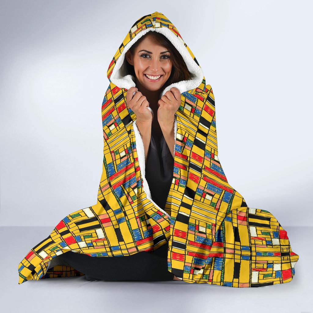 Yellow Mondrian Pattern Print Hooded Blanket-grizzshop