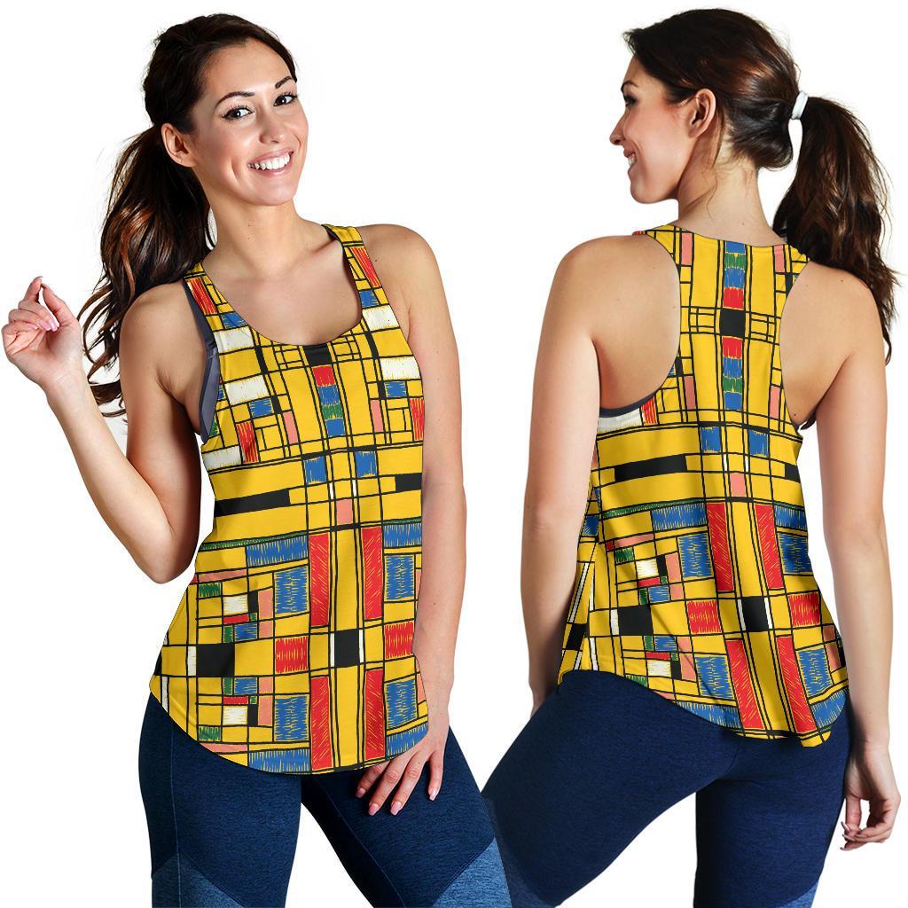 Yellow Mondrian Pattern Print Racerback Tank Tops-grizzshop