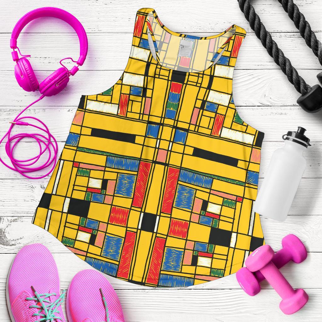 Yellow Mondrian Pattern Print Racerback Tank Tops-grizzshop