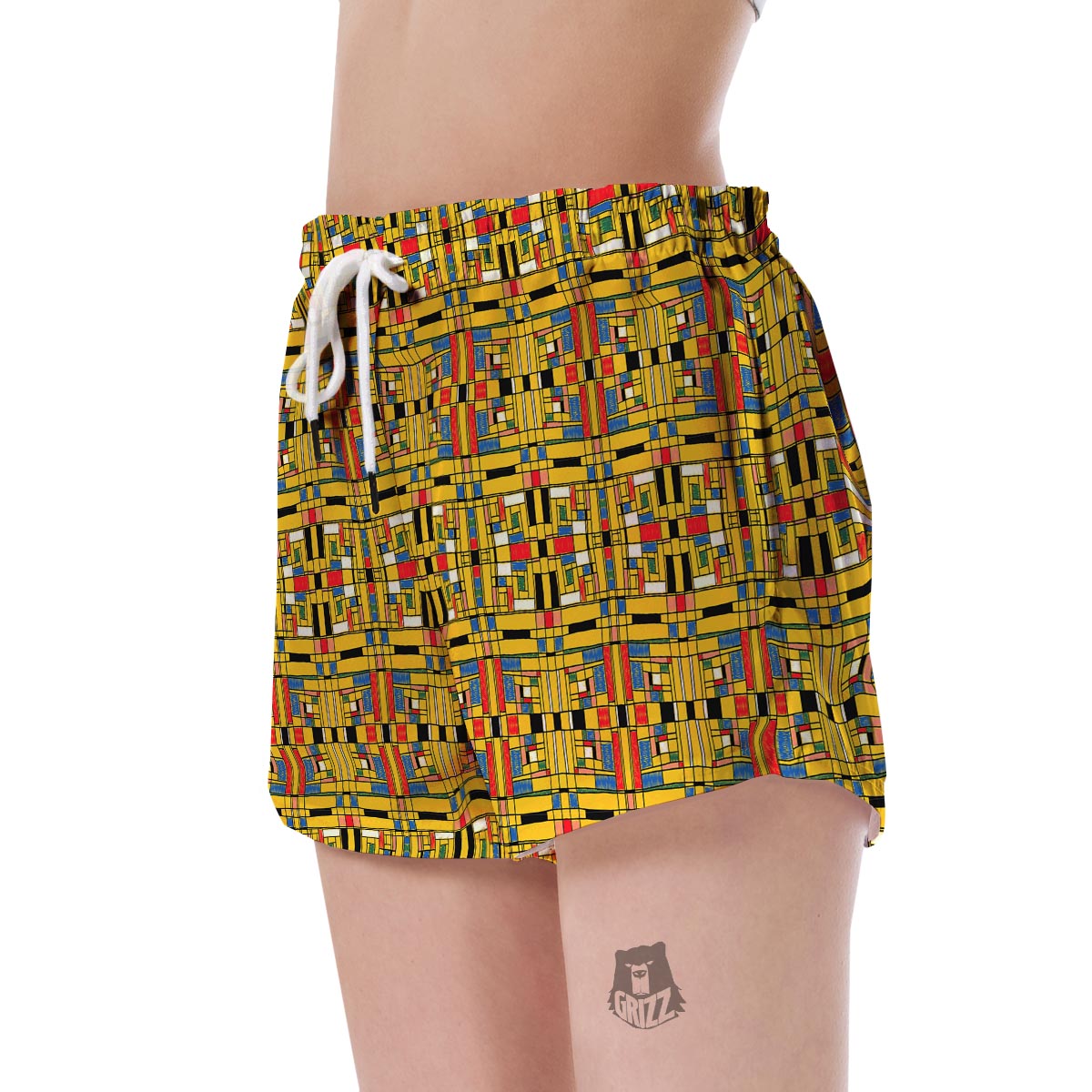 Yellow Mondrian Pattern Print Women's Shorts-grizzshop