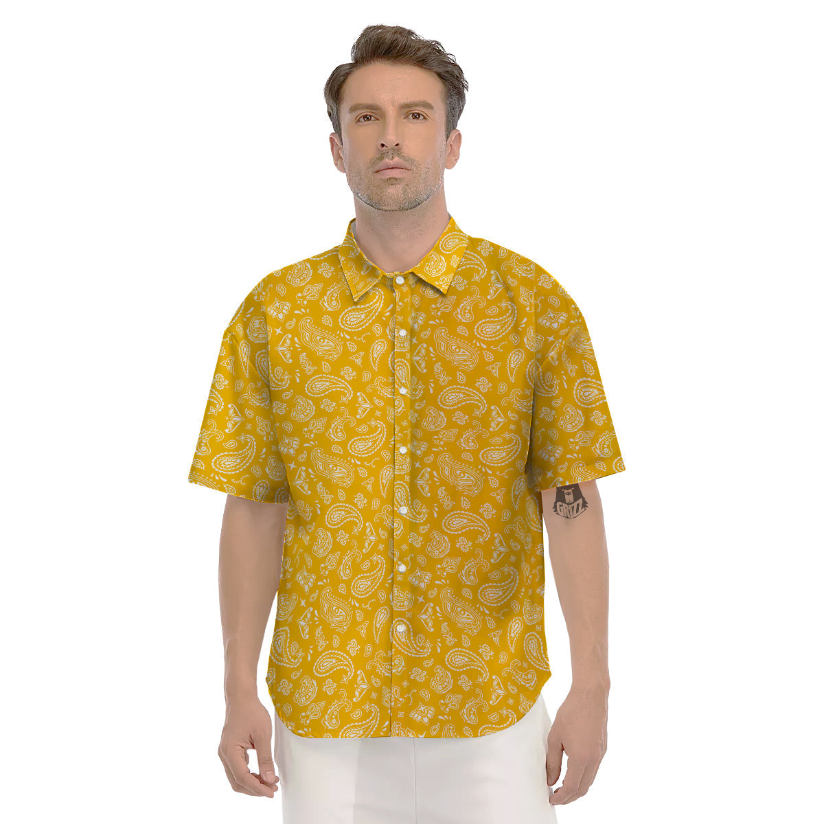 Yellow Paisley Bandana Print Men's Short Sleeve Shirts-grizzshop