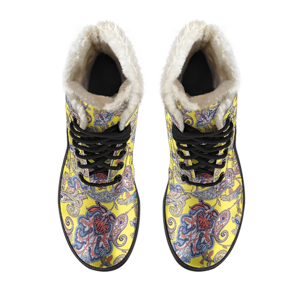 Yellow Paisley Pattern Print Comfy Winter Boots-grizzshop