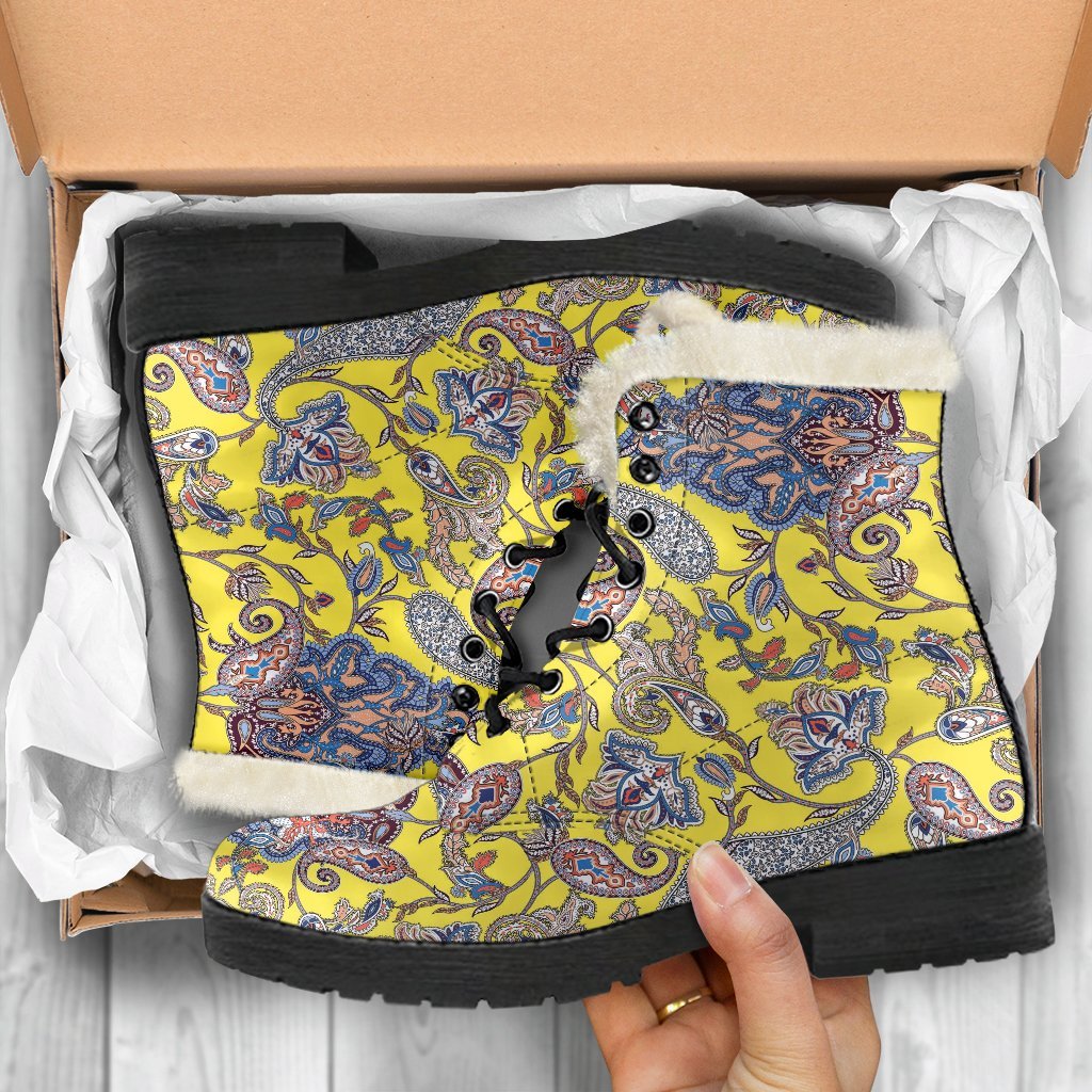 Yellow Paisley Pattern Print Comfy Winter Boots-grizzshop