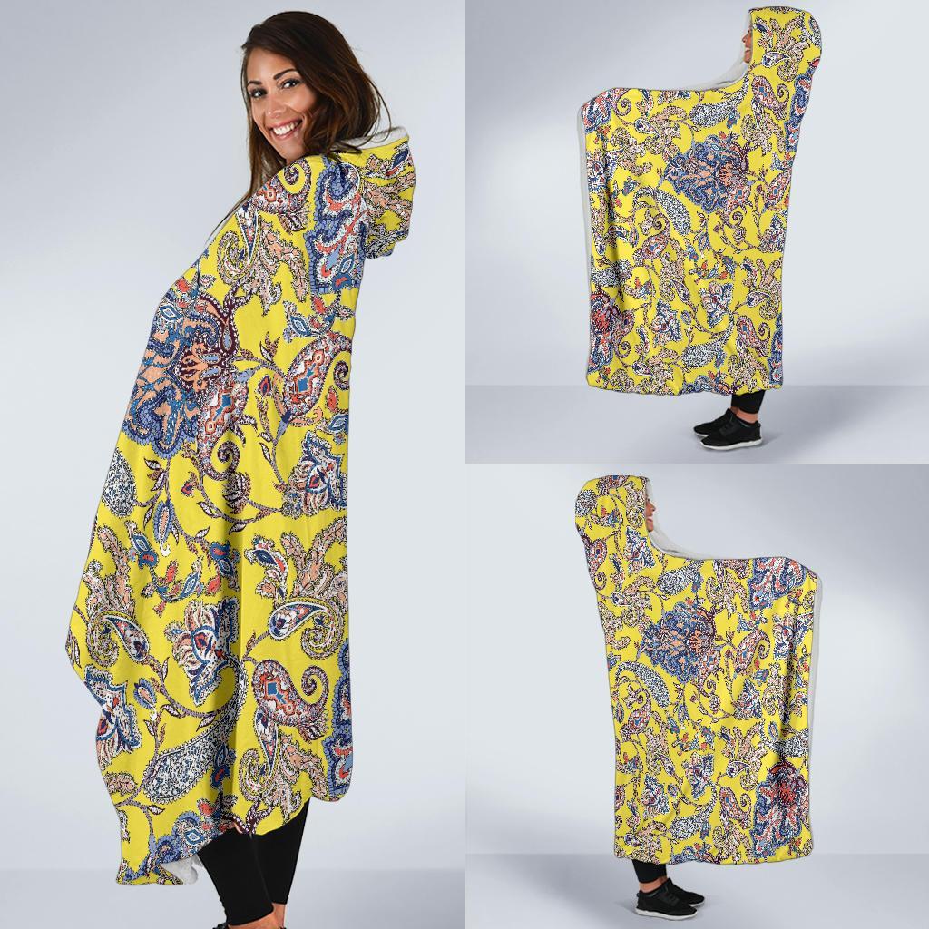 Yellow Paisley Pattern Print Hooded Blanket-grizzshop