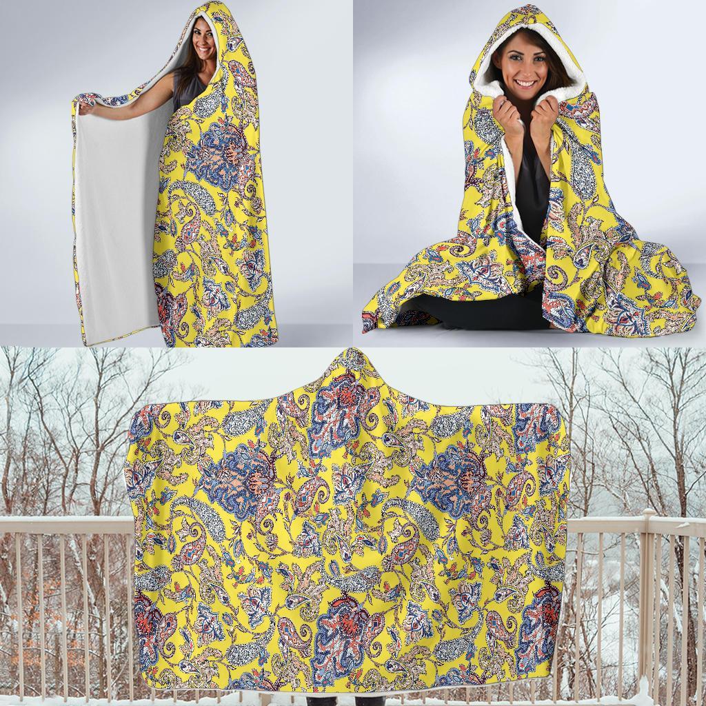 Yellow Paisley Pattern Print Hooded Blanket-grizzshop