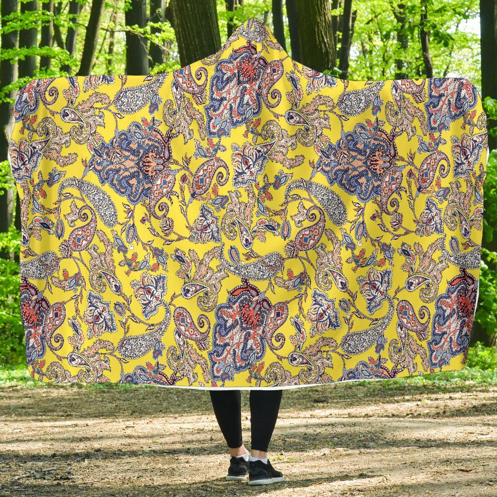 Yellow Paisley Pattern Print Hooded Blanket-grizzshop