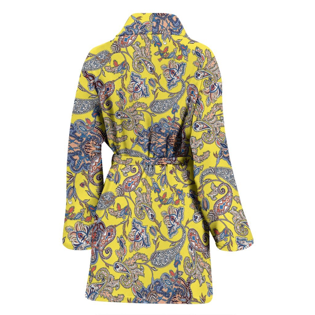 Yellow Paisley Pattern Print Women Long Robe-grizzshop