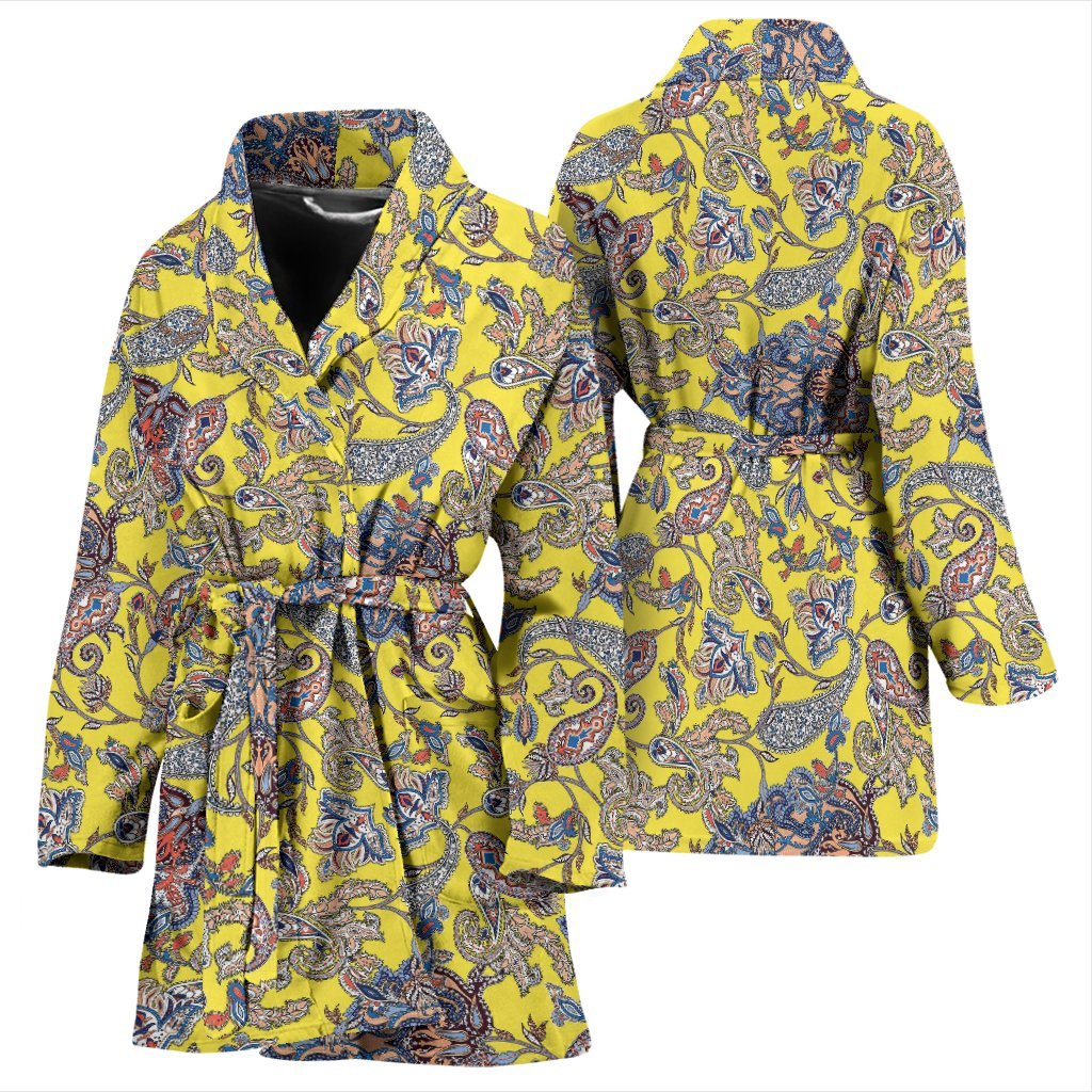 Yellow Paisley Pattern Print Women Long Robe-grizzshop