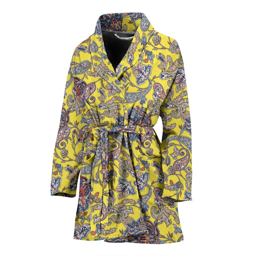 Yellow Paisley Pattern Print Women Long Robe-grizzshop