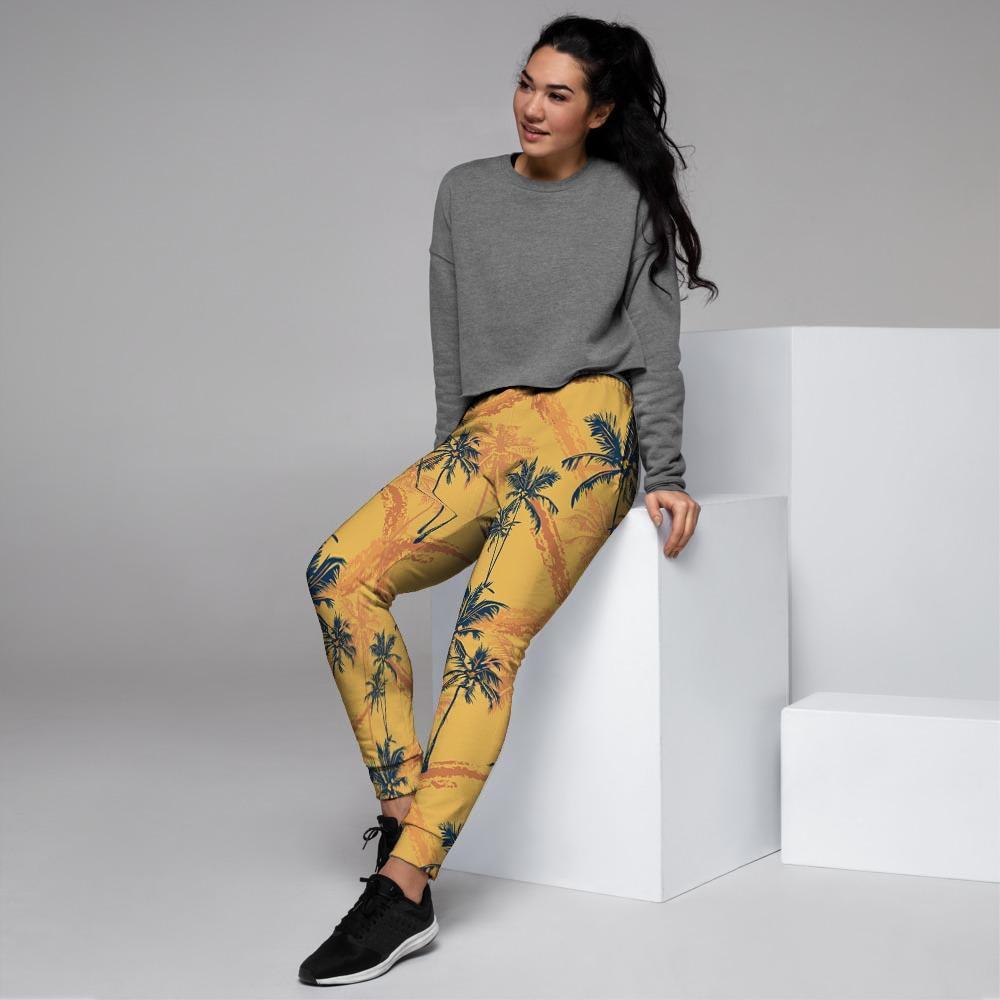 Yellow Palm Tree Hawaiian Print Women's Joggers-grizzshop