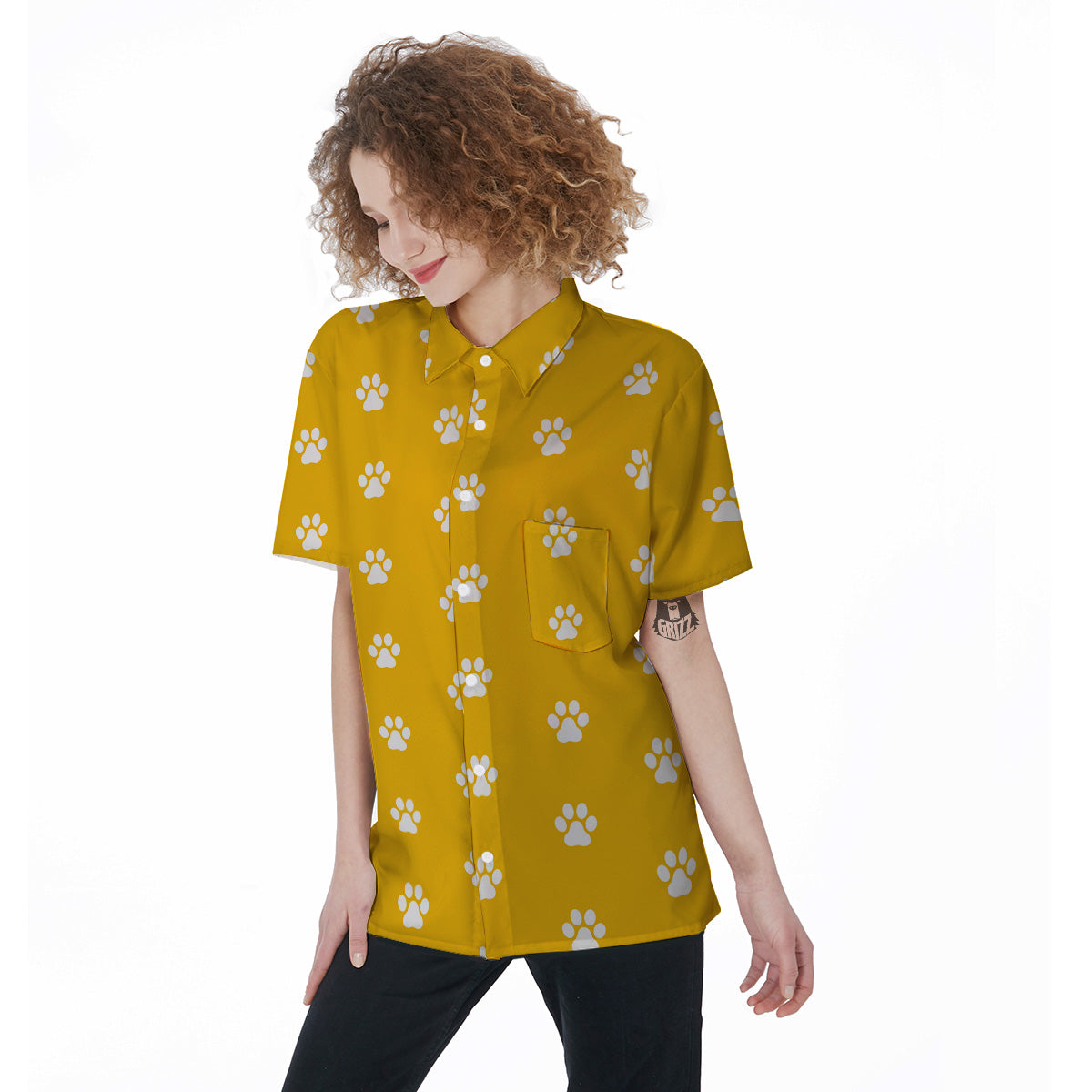 Yellow Paw Print Women's Short Sleeve Shirts-grizzshop