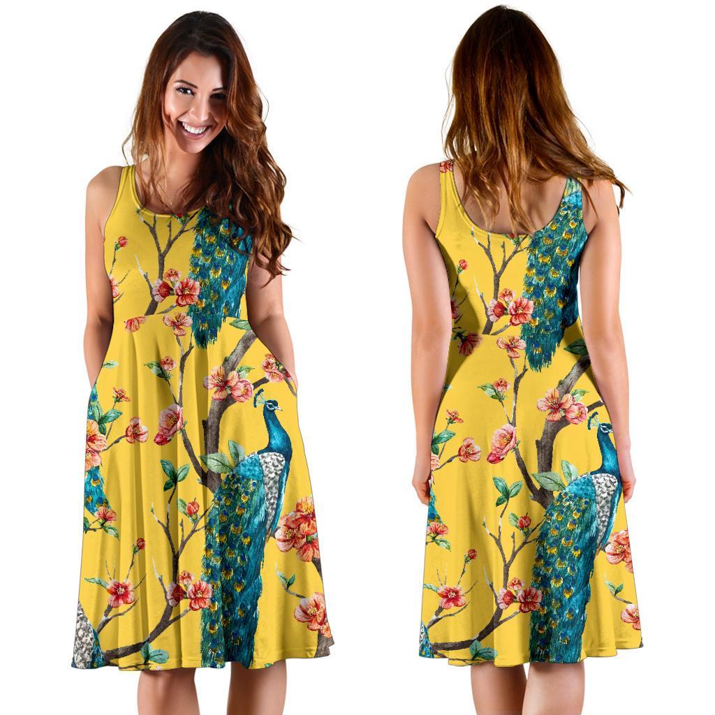 Yellow Peacock Floral Pattern Print Dress-grizzshop