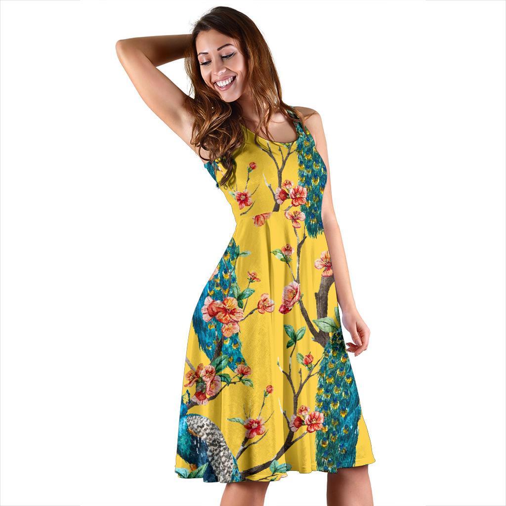 Yellow Peacock Floral Pattern Print Dress-grizzshop