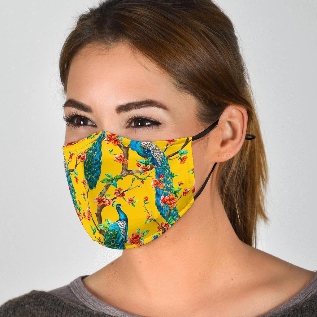 Yellow Peacock Floral Pattern Print Face Mask-grizzshop