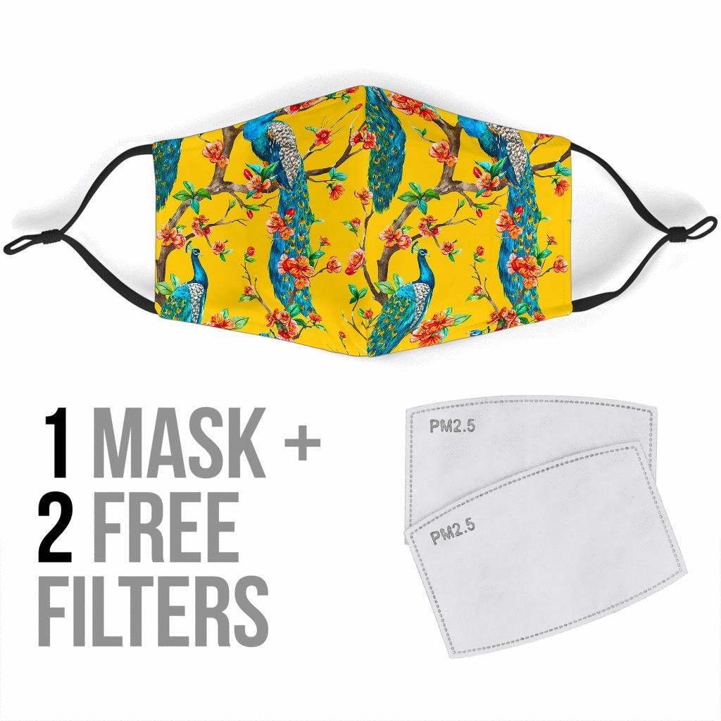 Yellow Peacock Floral Pattern Print Face Mask-grizzshop