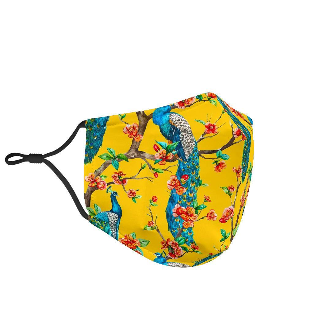 Yellow Peacock Floral Pattern Print Face Mask-grizzshop