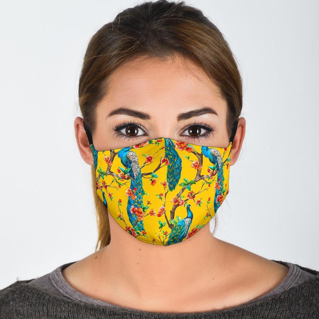 Yellow Peacock Floral Pattern Print Face Mask-grizzshop