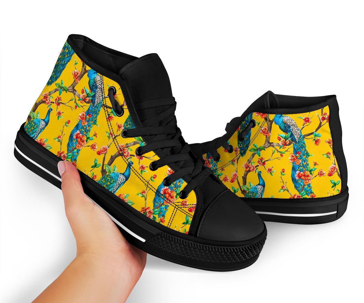 Yellow Peacock Floral Pattern Print Men Women's High Top Shoes-grizzshop