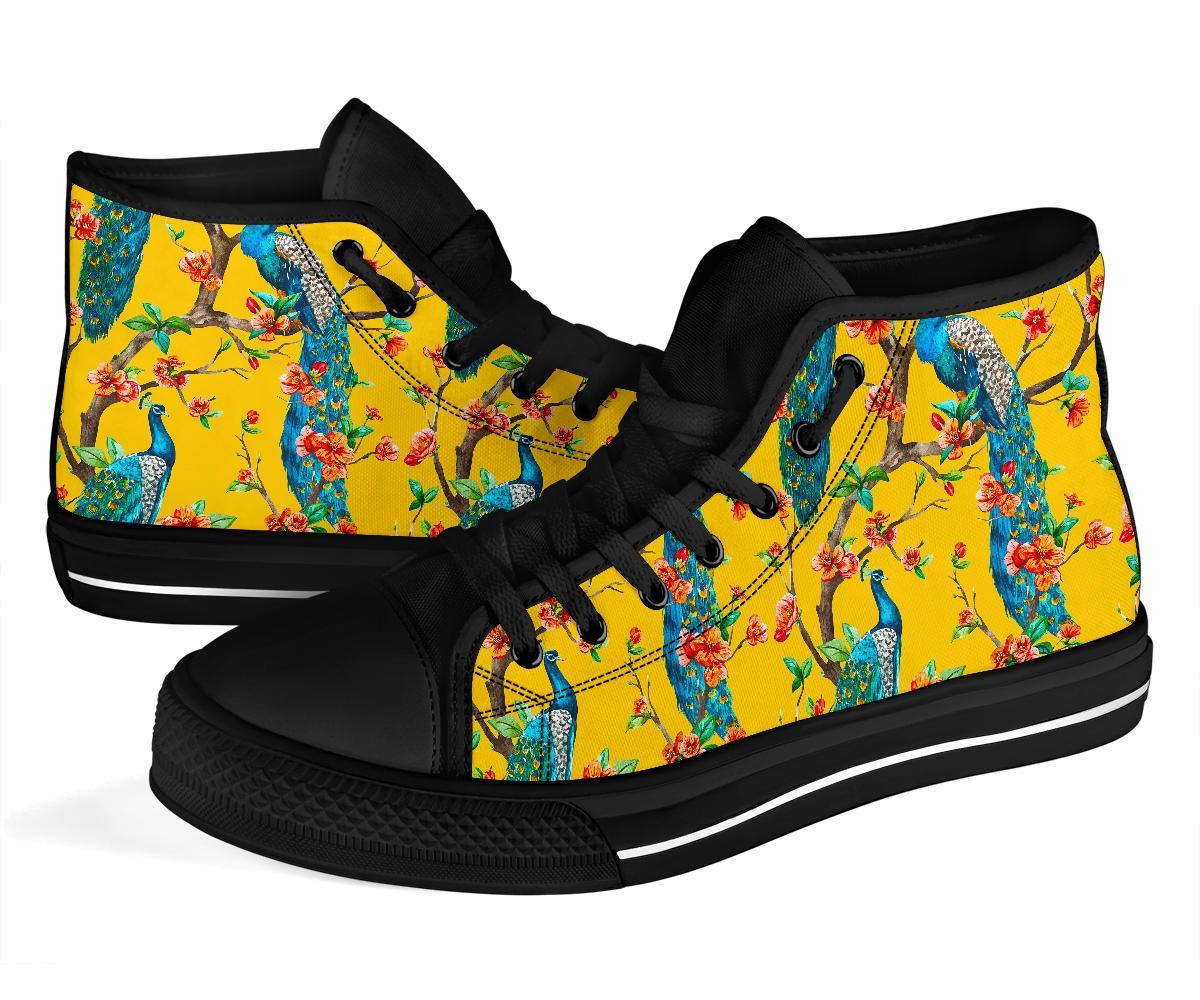 Yellow Peacock Floral Pattern Print Men Women's High Top Shoes-grizzshop