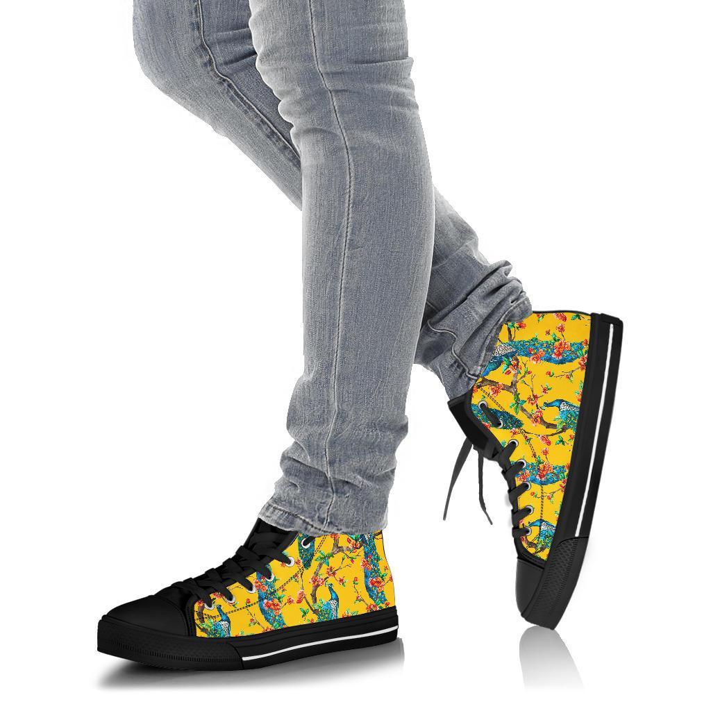 Yellow Peacock Floral Pattern Print Men Women's High Top Shoes-grizzshop