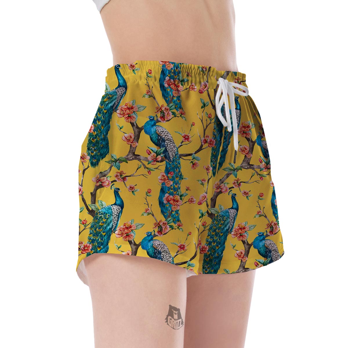 Yellow Peacock Floral Pattern Print Women's Shorts-grizzshop