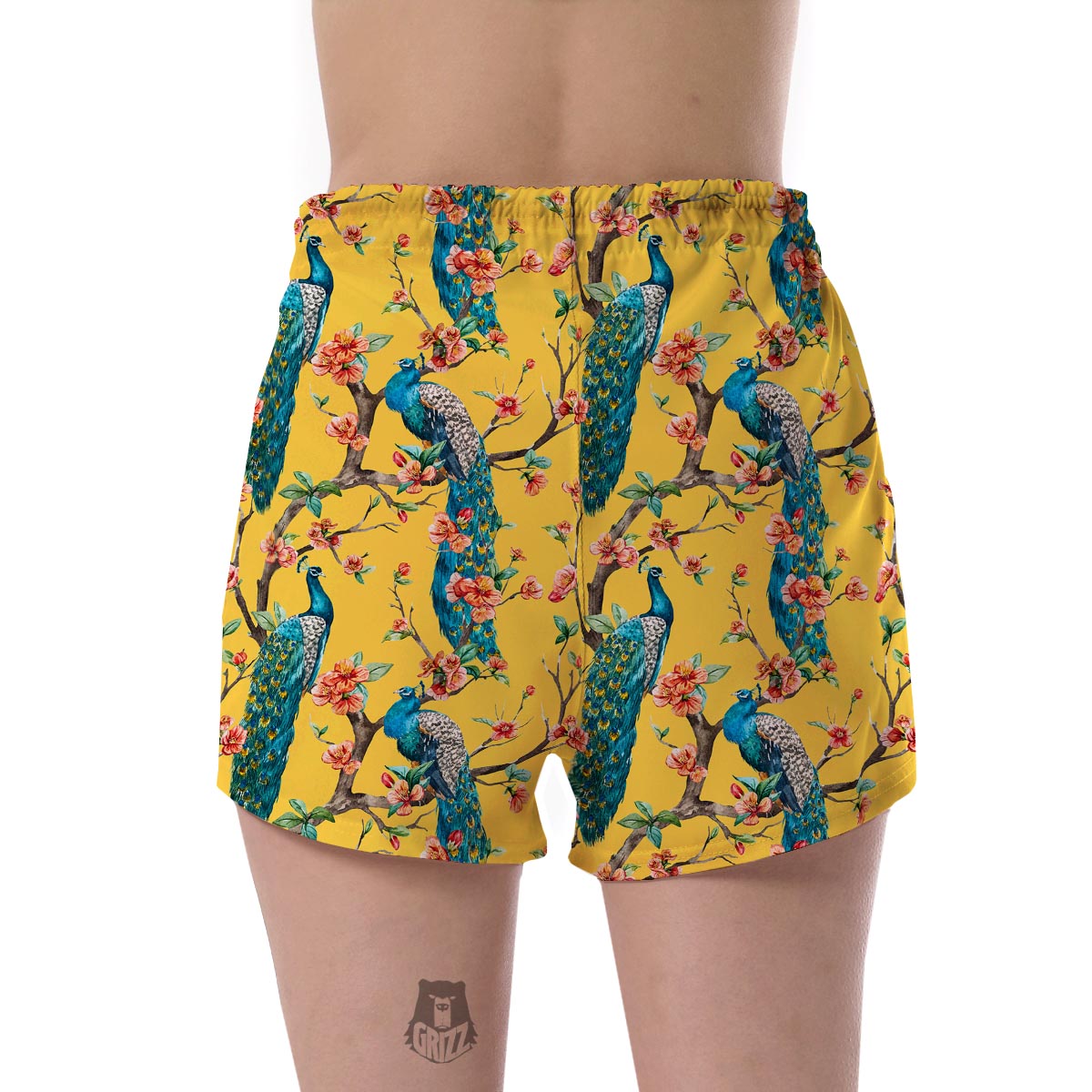 Yellow Peacock Floral Pattern Print Women's Shorts-grizzshop
