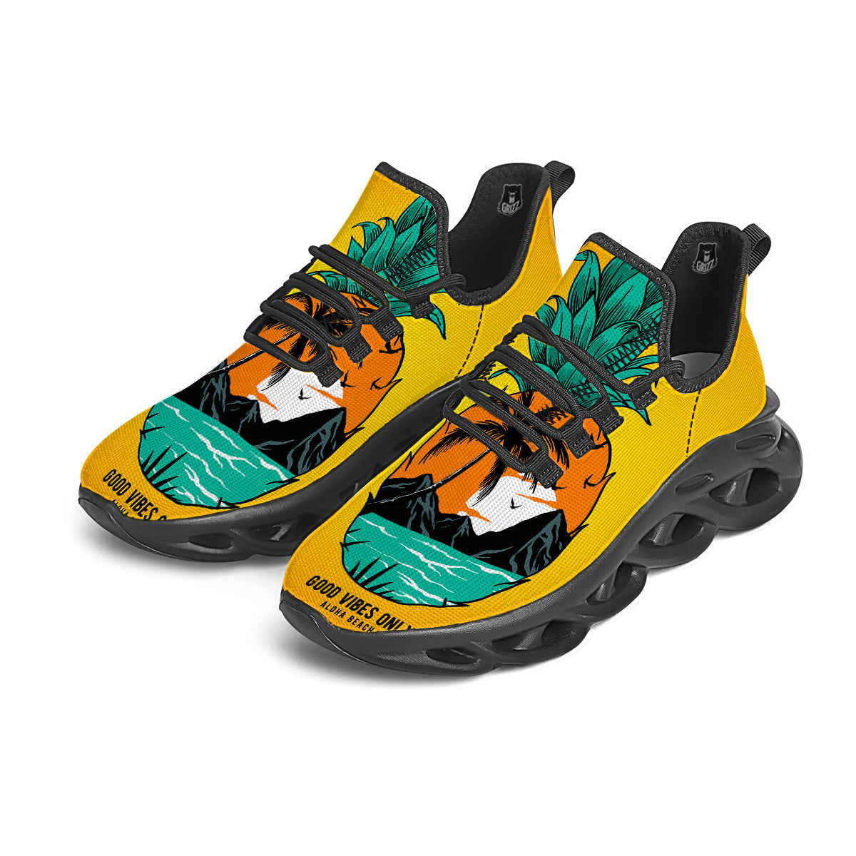 Yellow Pineapple Aloha Tropical Island Print Black Running Shoes-grizzshop