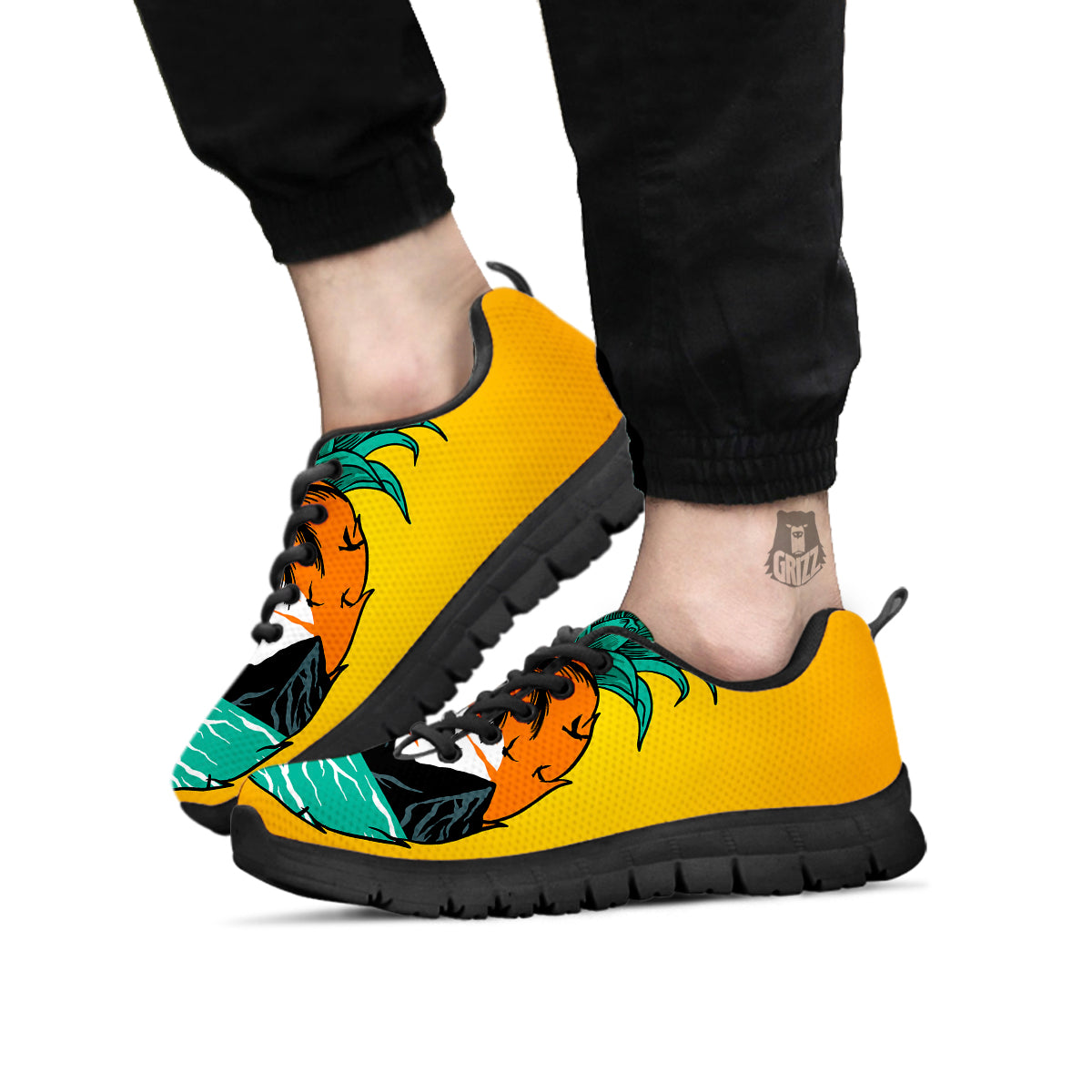 Yellow Pineapple Aloha Tropical Island Print Black Sneaker-grizzshop