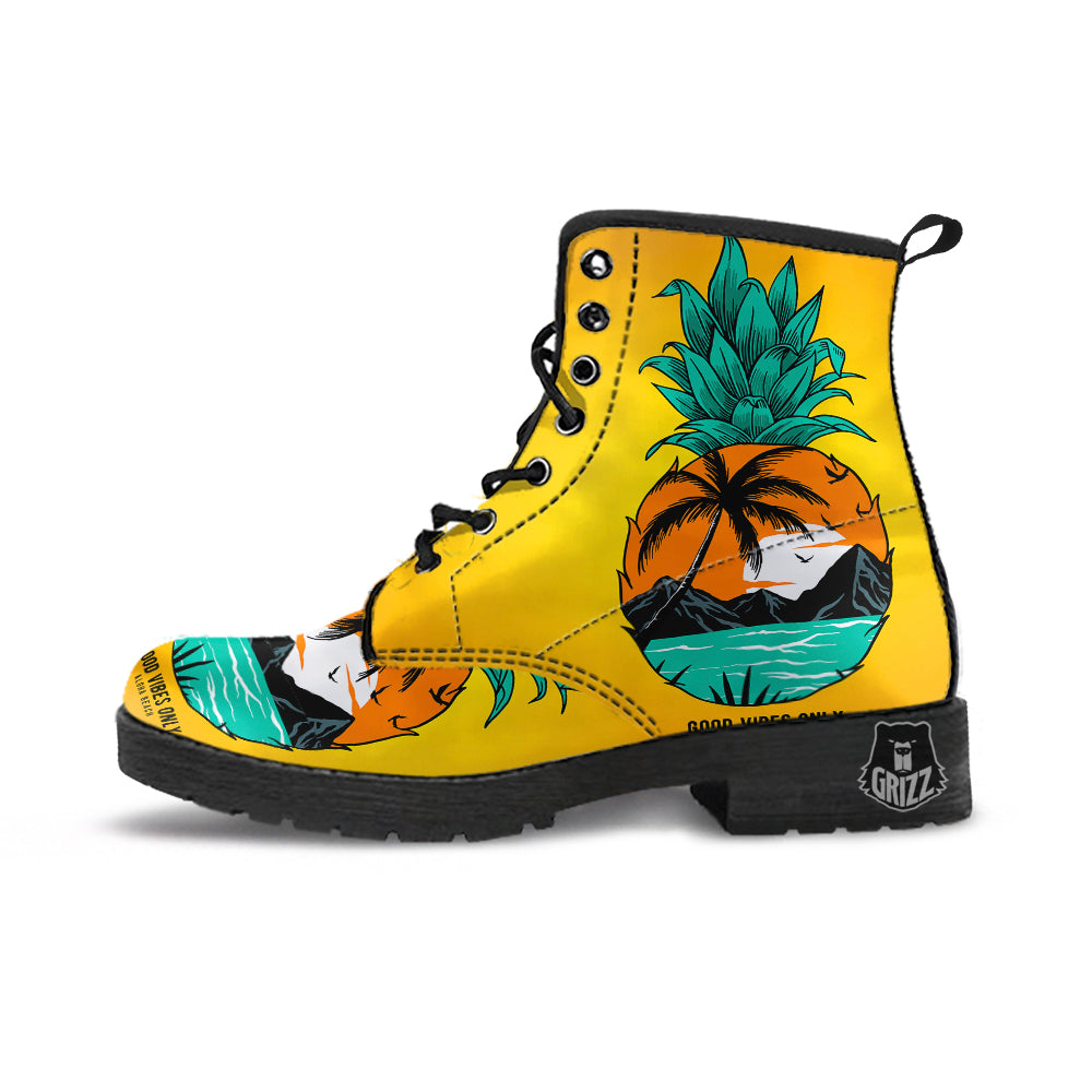 Yellow Pineapple Aloha Tropical Island Print Leather Boots-grizzshop