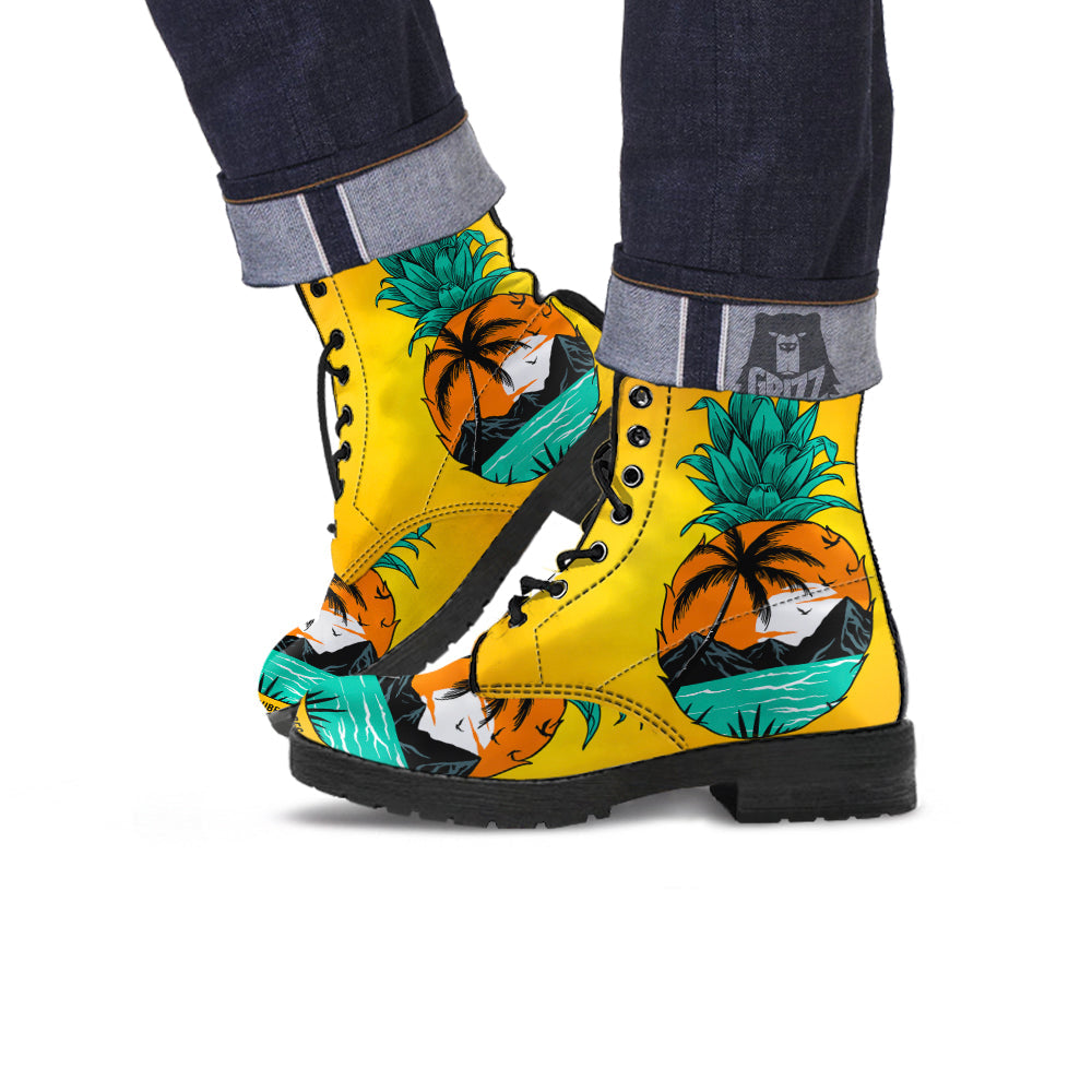 Yellow Pineapple Aloha Tropical Island Print Leather Boots-grizzshop