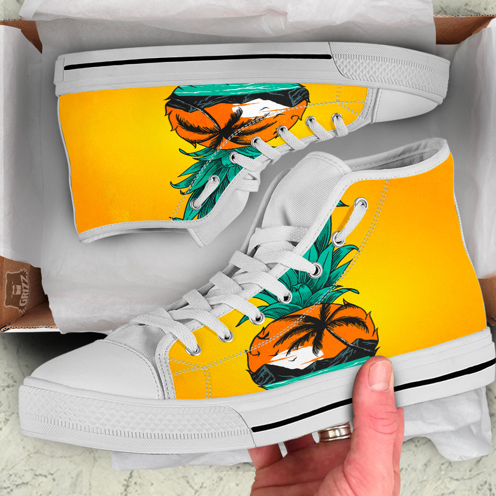 Yellow Pineapple Aloha Tropical Island Print White High Top Shoes-grizzshop