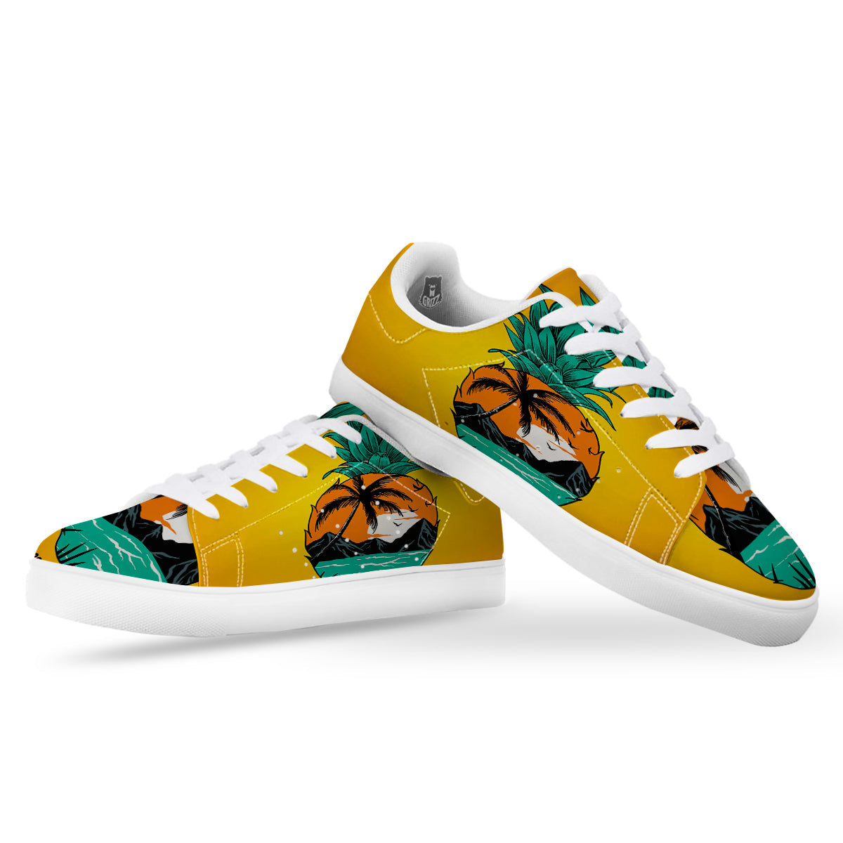 Yellow Pineapple Aloha Tropical Island Print White Low Top Sneakers-grizzshop