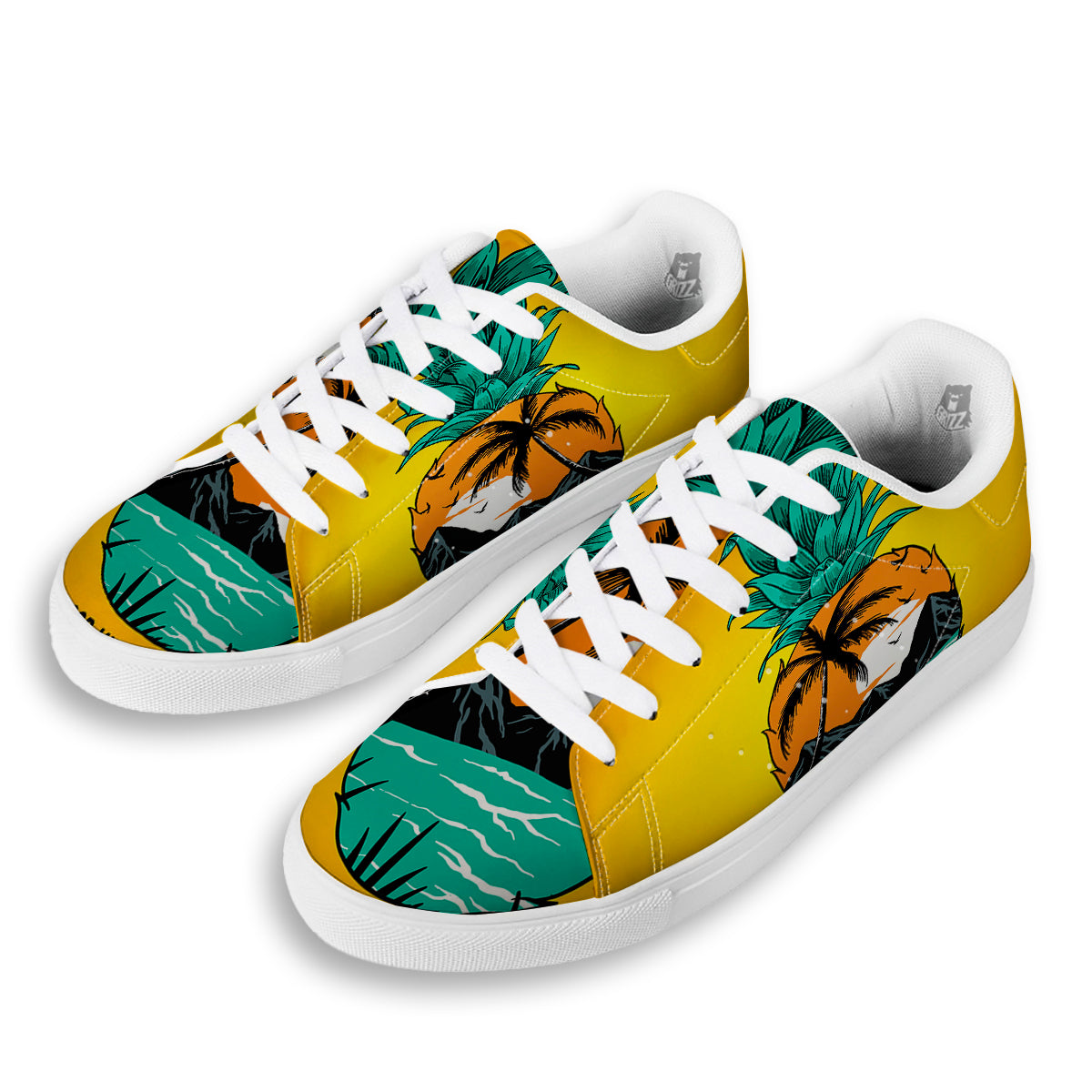 Yellow Pineapple Aloha Tropical Island Print White Low Top Sneakers-grizzshop