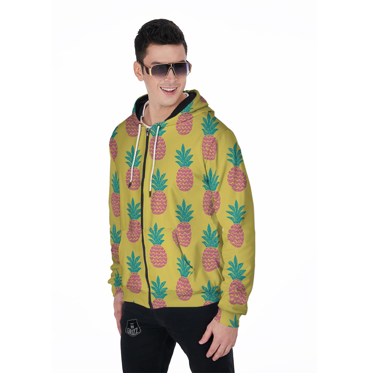 Yellow Pineapple Print Men's Zip Up Hoodie-grizzshop