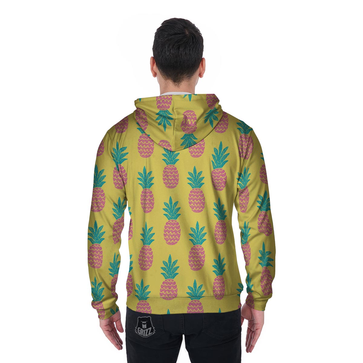 Yellow Pineapple Print Men's Zip Up Hoodie-grizzshop