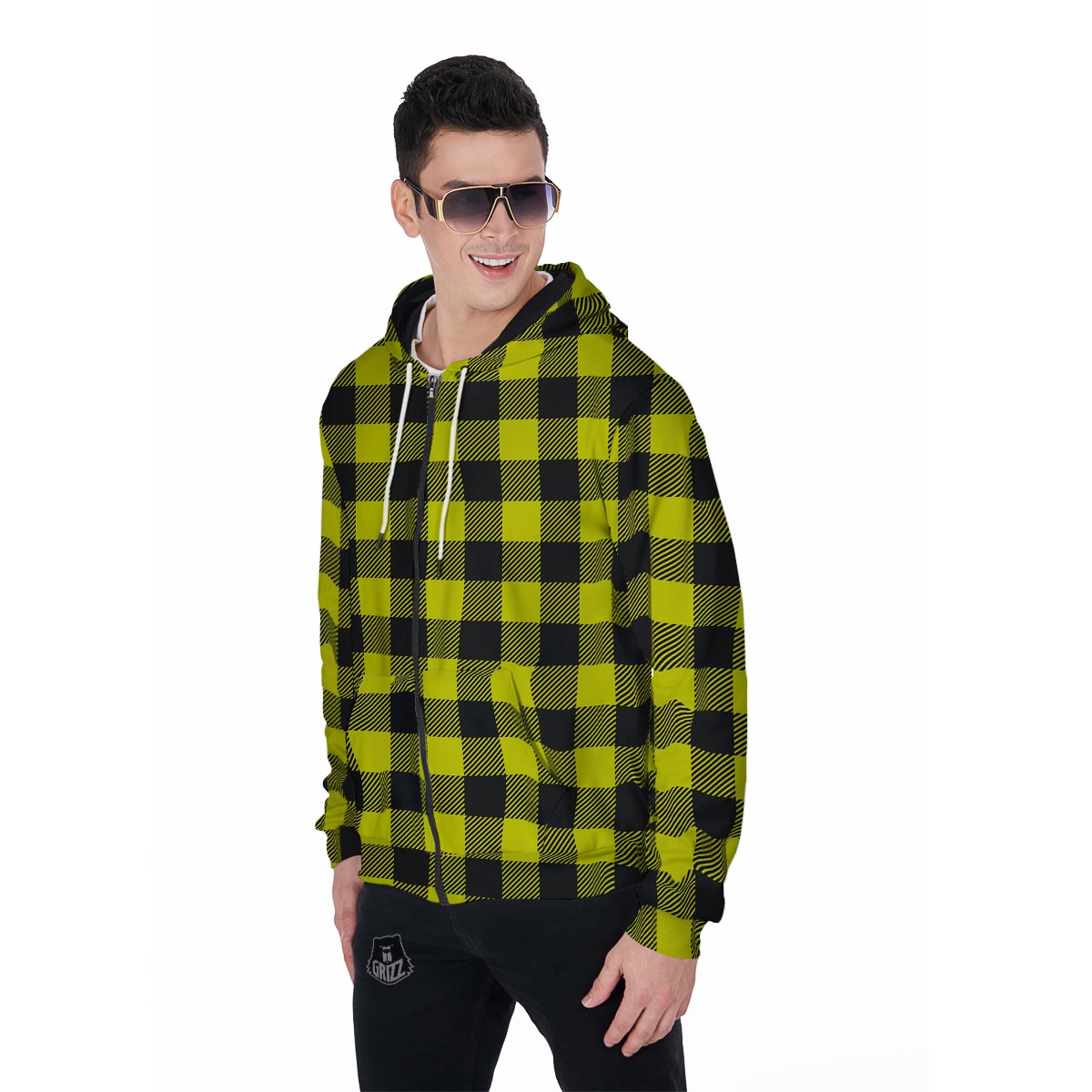 Yellow Plaid Men's Zip Up Hoodie-grizzshop
