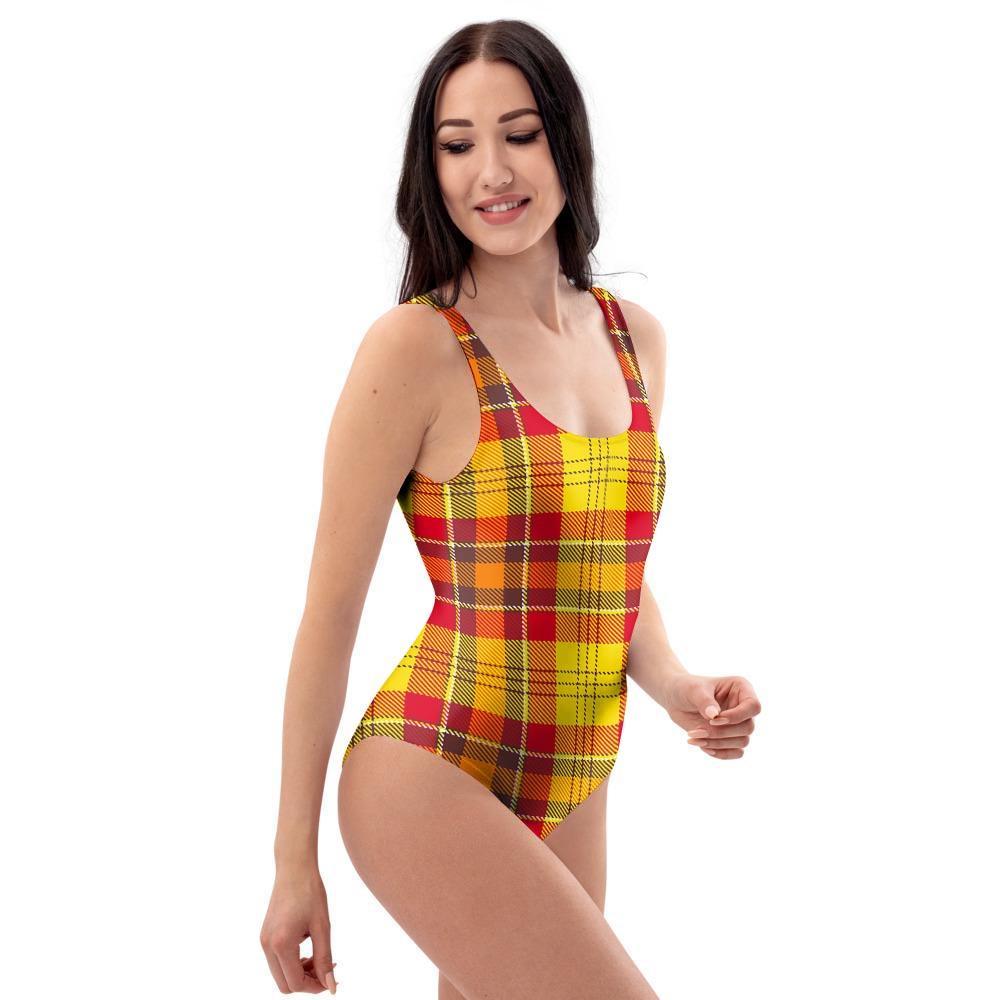 Yellow Plaid Tartan One Piece Swimsuite-grizzshop