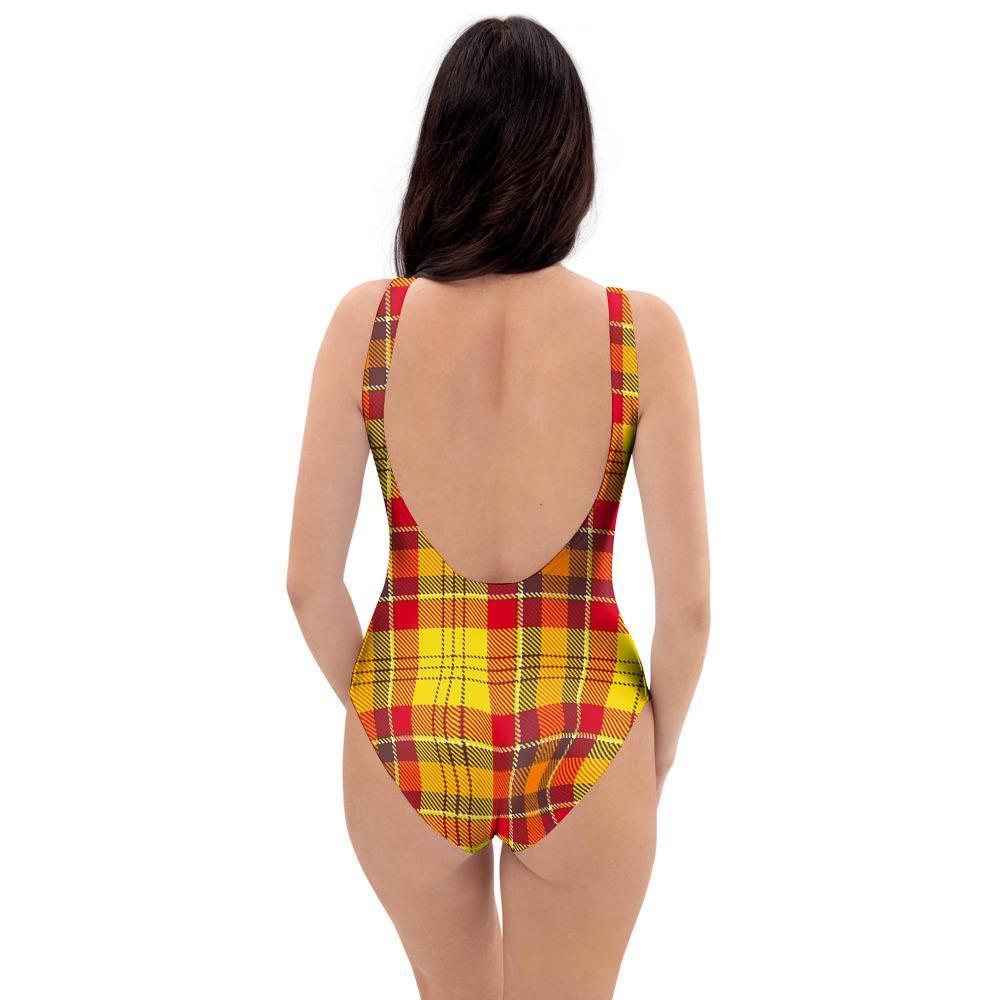 Yellow Plaid Tartan One Piece Swimsuite-grizzshop