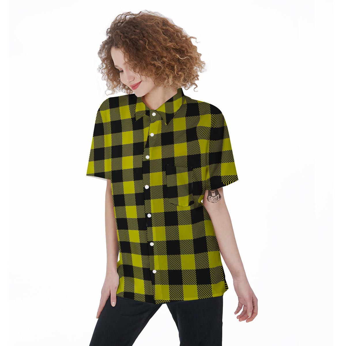 Yellow Plaid Women's Short Sleeve Shirts-grizzshop