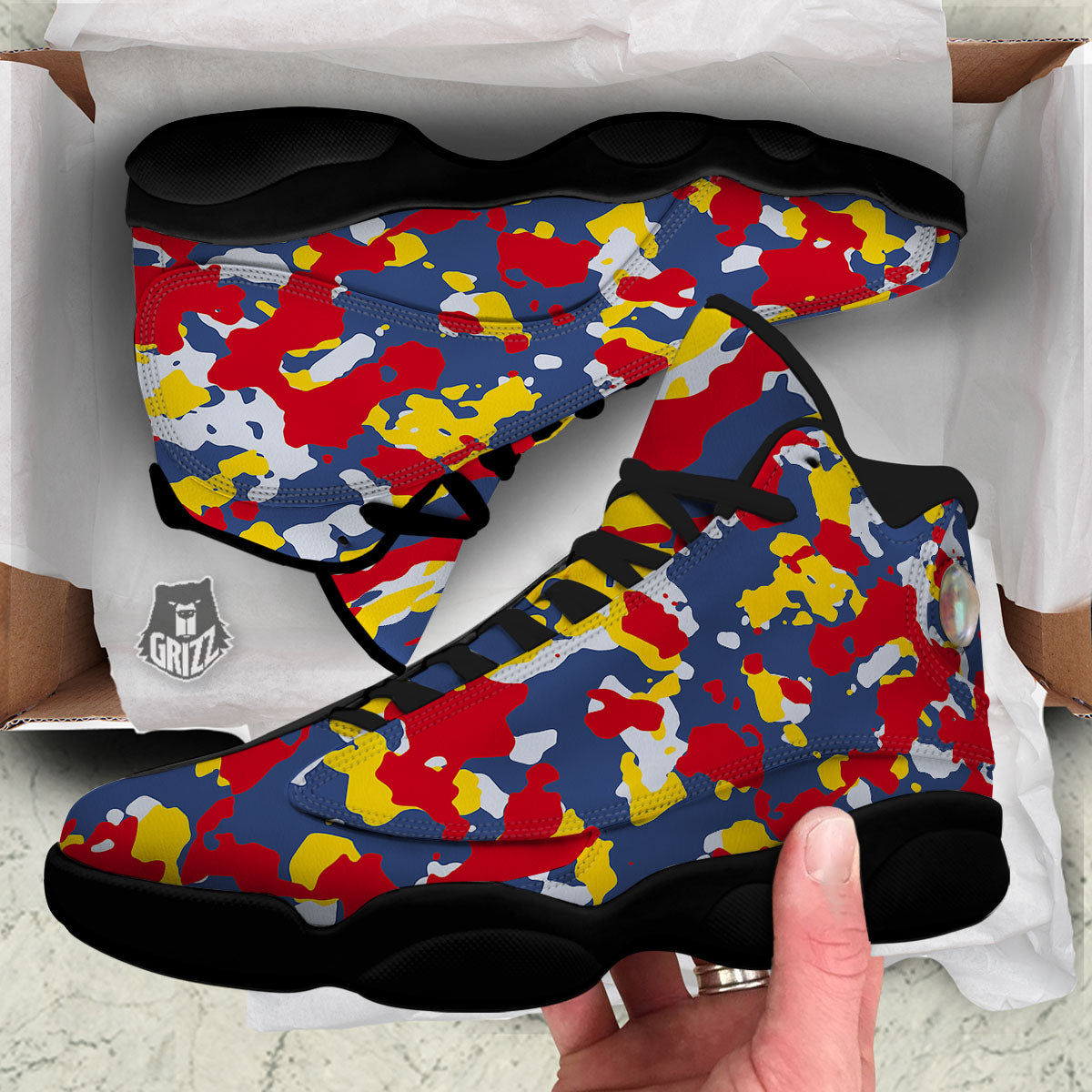Yellow Red And Blue Camouflage Print Black Basketball Shoes-grizzshop