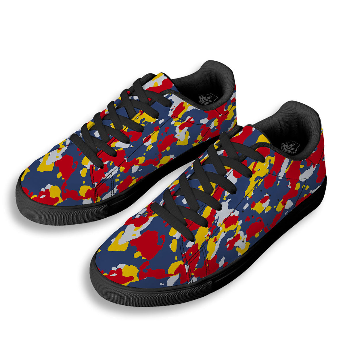 Yellow Red And Blue Camouflage Print Black Low Top Sneakers-grizzshop
