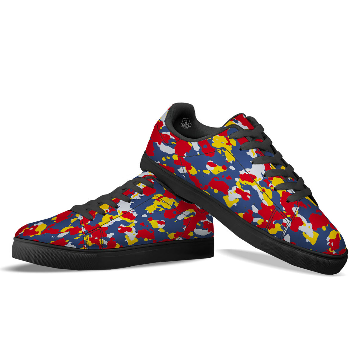 Yellow Red And Blue Camouflage Print Black Low Top Sneakers-grizzshop