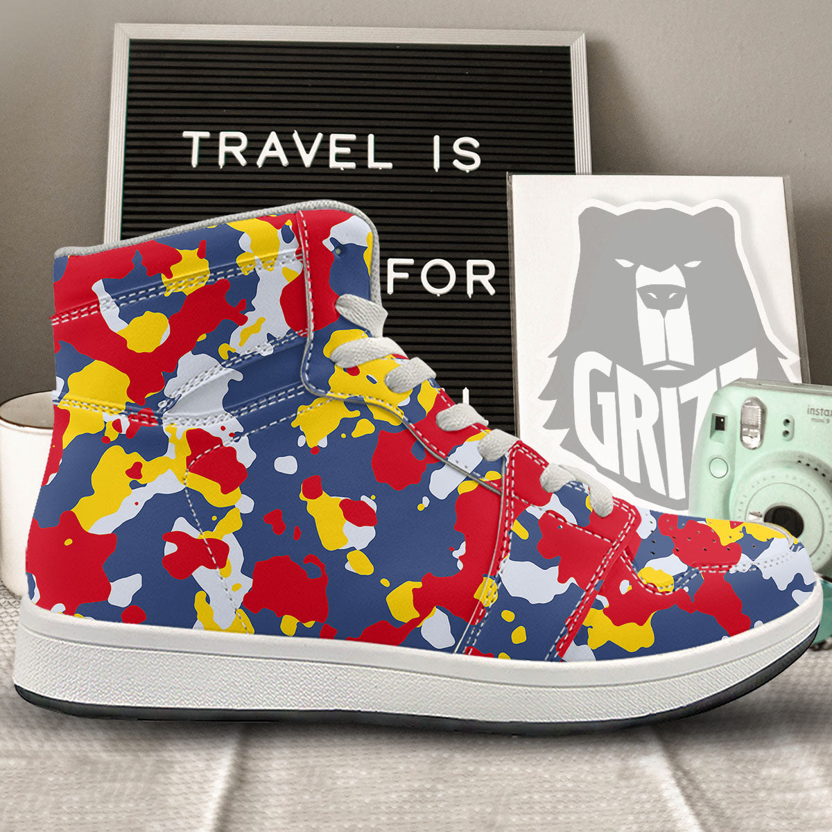 Yellow Red And Blue Camouflage Print High Top Sneakers-grizzshop