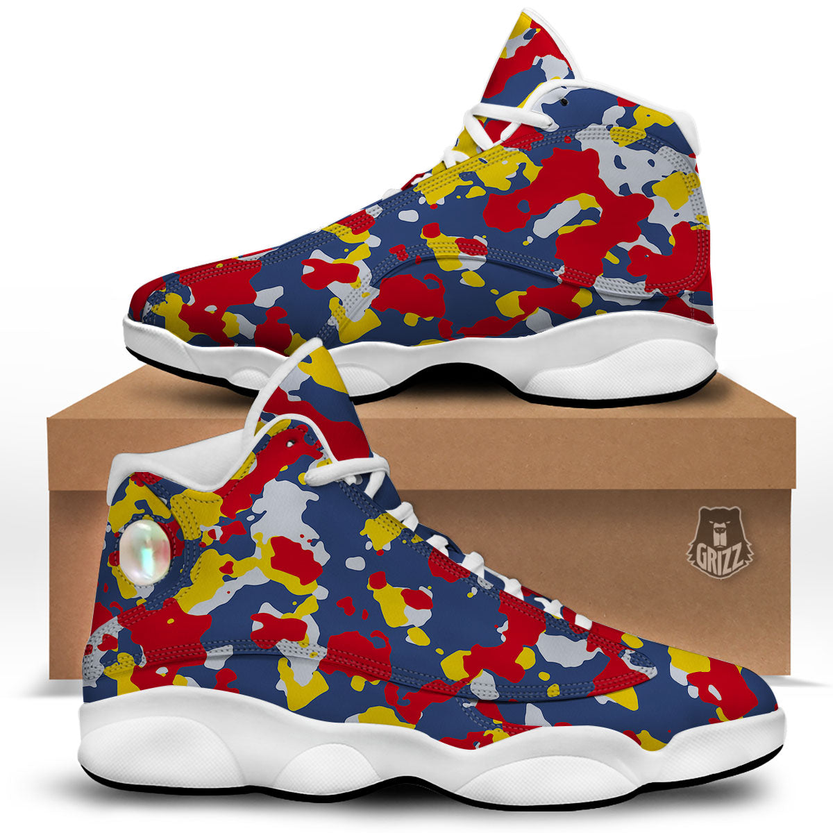 Yellow Red And Blue Camouflage Print White Basketball Shoes-grizzshop